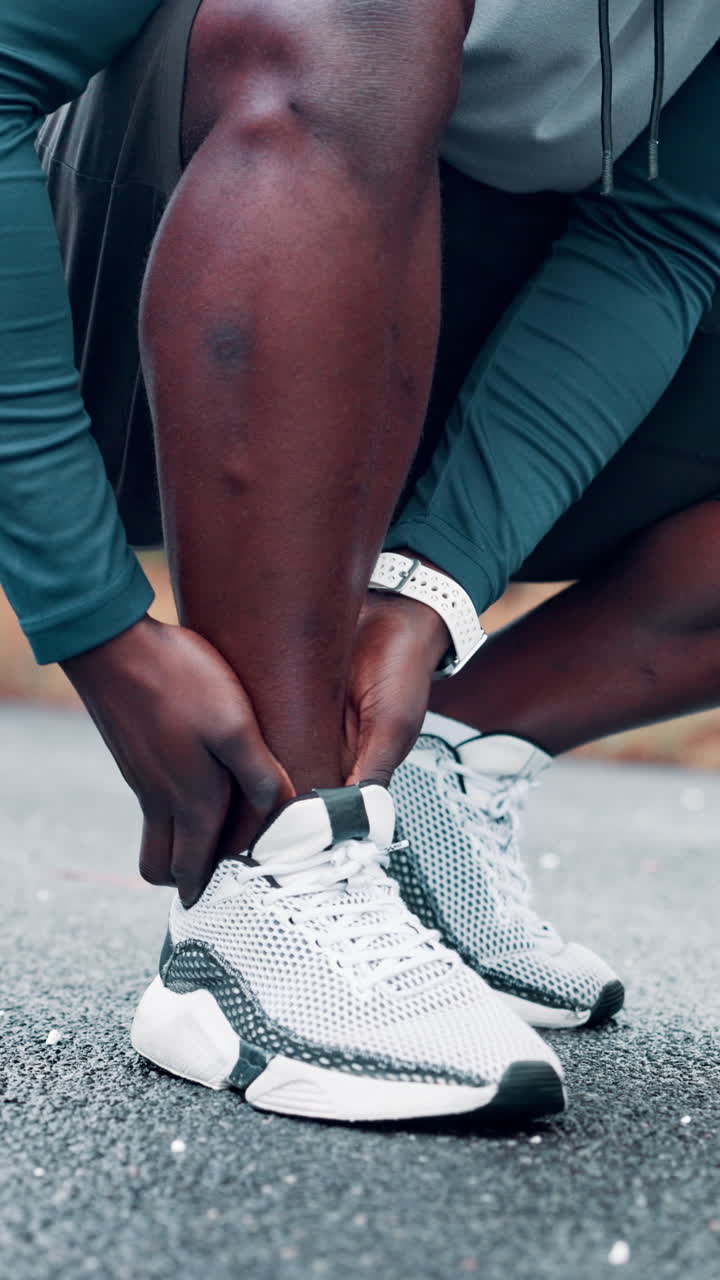 Atleta che si tiene la caviglia mentre sistema la scarpa da corsa all'aperto