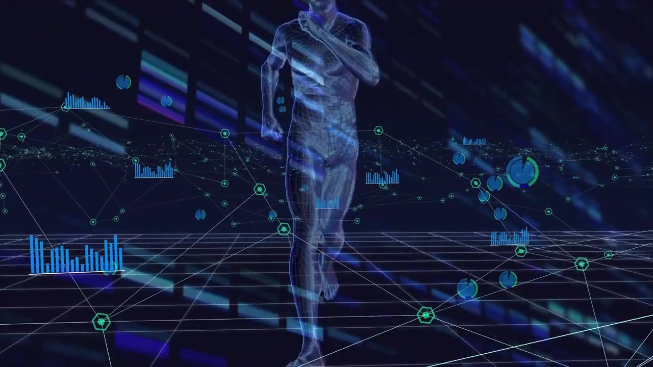 Video of running man model, connections and graph on black background