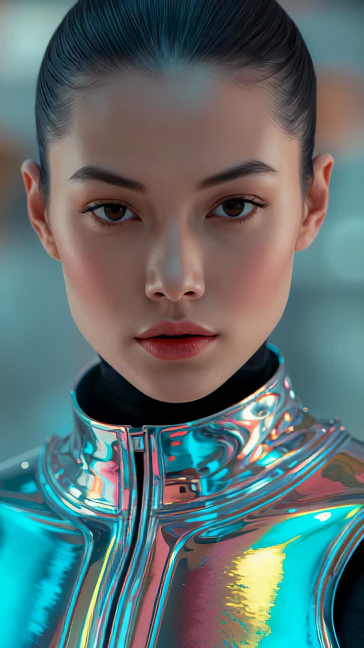 Vertical video: Camera zooming in on model revealing skin in studio with chrome suit reflection