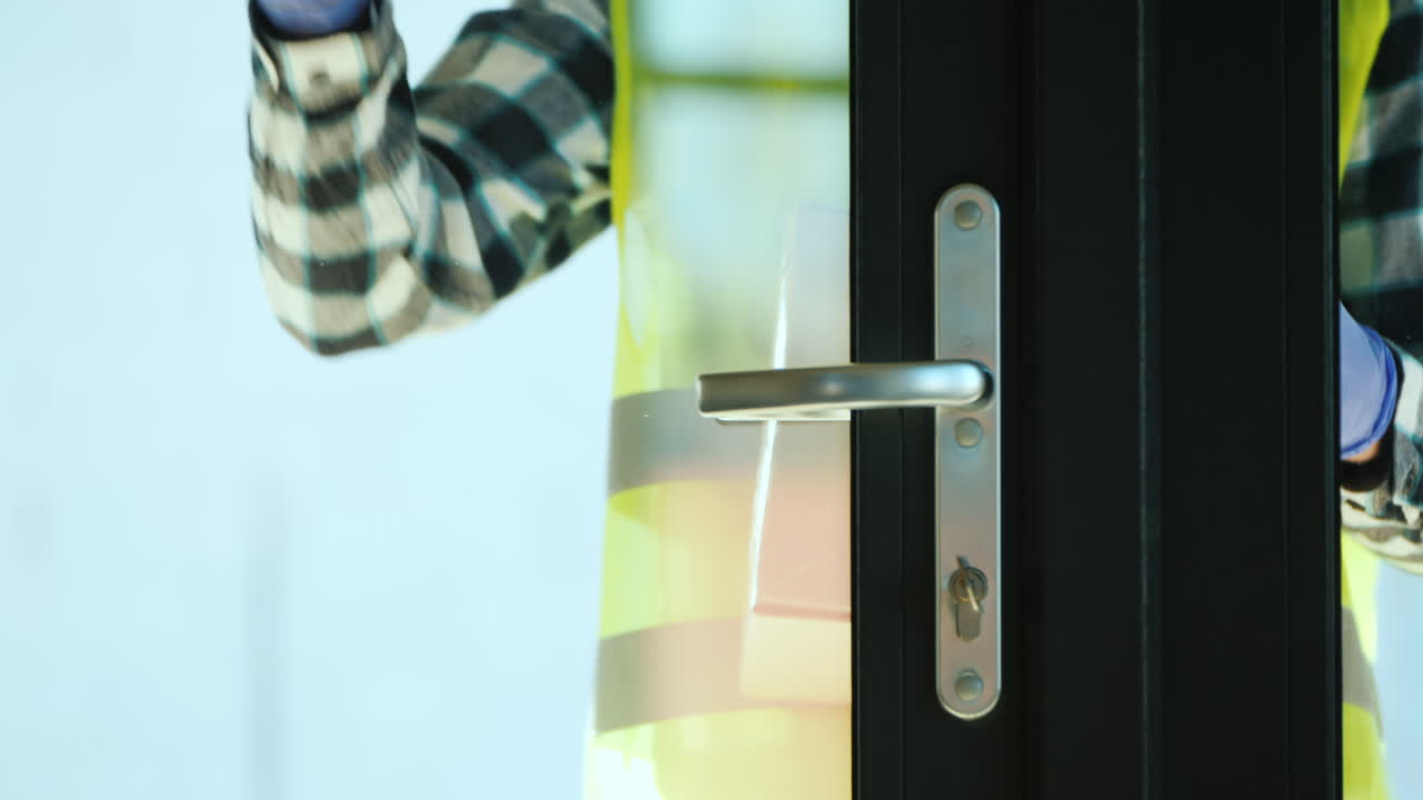Courier in protective gloves delivers a house
