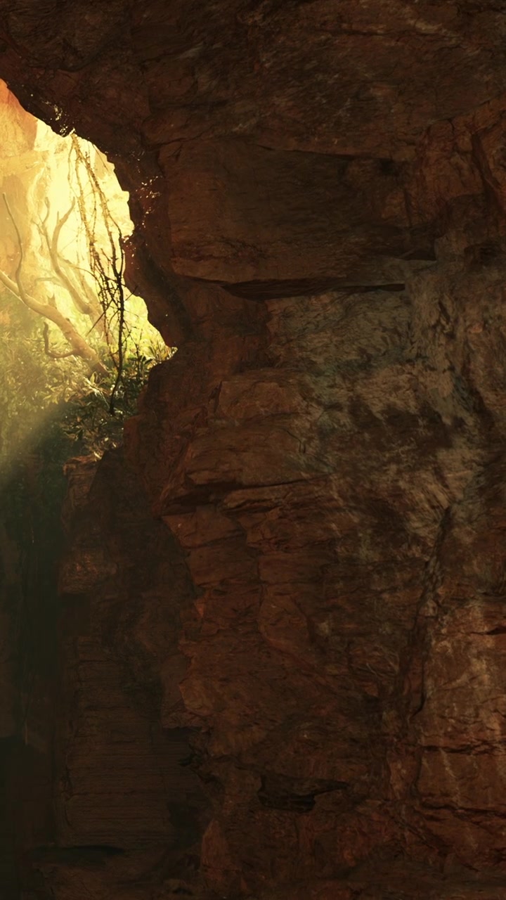 La luce splende attraverso un'apertura rocciosa in una grotta durante le ore diurne.
