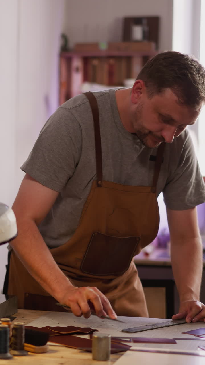 Leathersmith sharpens small cutter for leather on table in workshop. Master of traditional handicraft makes accessories. Skilled designer at work