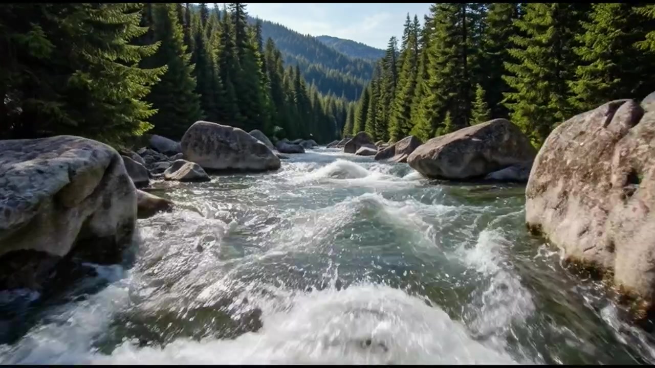 Fiume di montagna impetuoso che attraversa una pineta