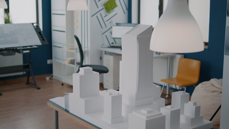 Table with building model and maquette presentation in empty architectural space