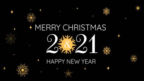 Animation-of-christmas-and-2021-new-year-greetings-and-gold-stars-falling-over-black-background