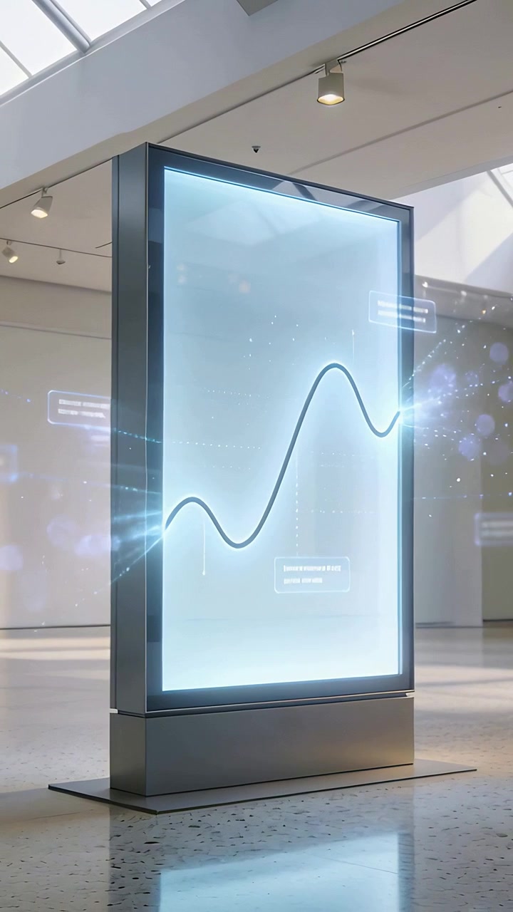 Vertical video: Glowing kiosk showing line graph in atrium, particles appearing, showing peak