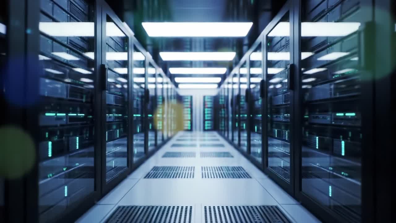 A Glimpse into a Modern Data Center: Exploring the High-Tech Infrastructure of Server Racks and Advanced Networking Technology in a Futuristic Setting