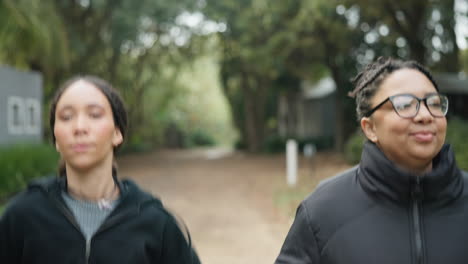 fitness, forest and friends running together