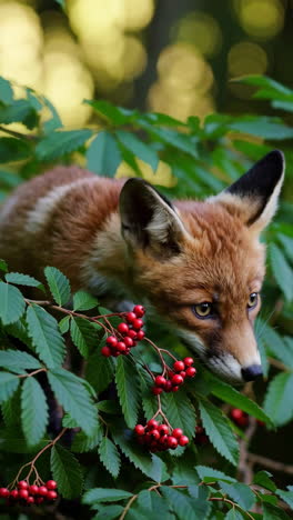 curious fox among red berries and green leaves