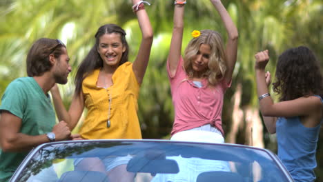 friends having fun and dancing in the car