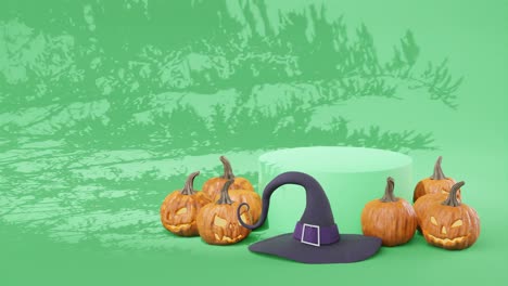 halloween sale, october sales, banner, green background, spooky, carved pumpkins, october holiday, halloween discount, witch hat, alewife hat, decoration, 3d rendering, 3d animation, marketing, 4k