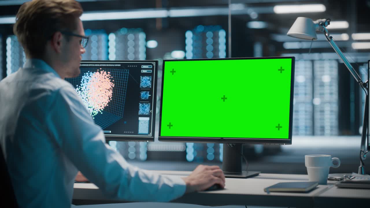 servidor de centro de datos de alta tecnología: especialista en ti masculino que trabaja en una computadora de pantalla verde. monitoreo de servicios web, computación en la nube, instalación de análisis, mantenimiento de seguridad cibernética