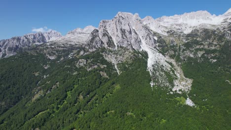 alpine majesty: capturing the essence of tranquility with blue skies, lush green forests, and towering rocky mountains in the majestic alps