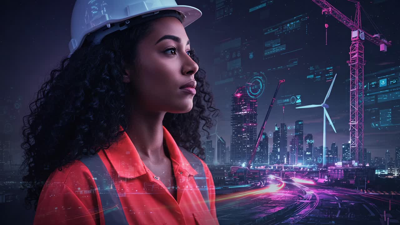 A Visionary in Construction: A Female Engineer Overlooking a Futuristic Cityscape with Innovative Technology and Renewable Energy Elements at Night