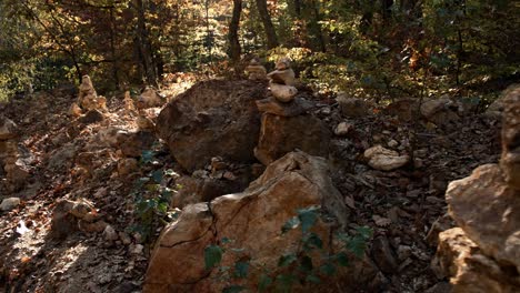 Ein-Haufen-Steine,-Die-In-Einem-Herbstlichen-Wald-Gestapelt-Sind