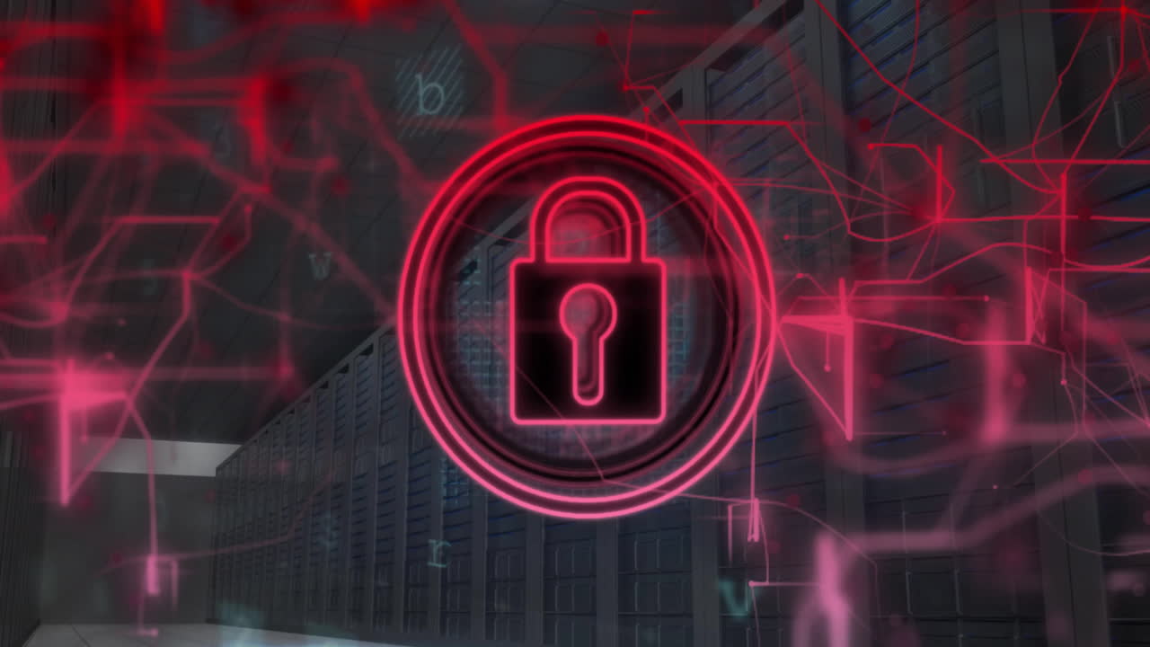 animación del icono del candado y procesamiento de datos en la sala del servidor.