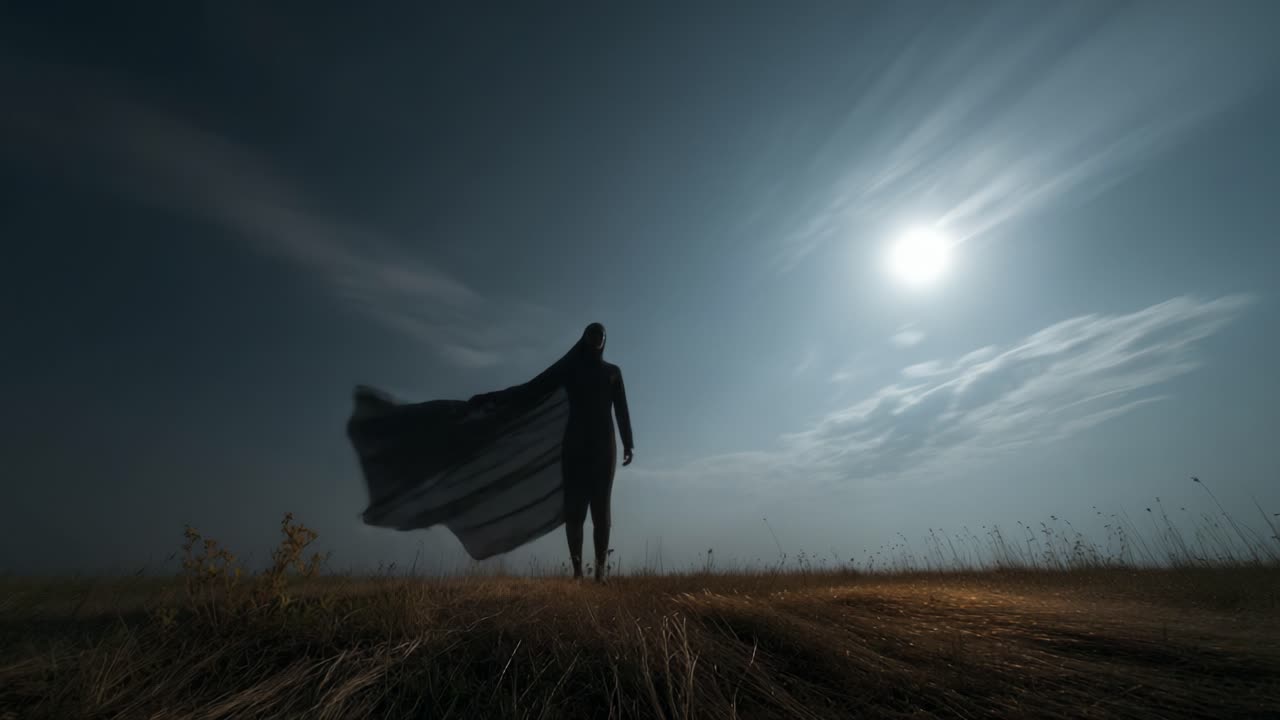 A Mysterious Figure Cloaked in Shadows Stands Under a Bright Moon, Creating an Ambiance of Enigma and Intrigue in a Barren Landscape Surrounded by Tall Grass
