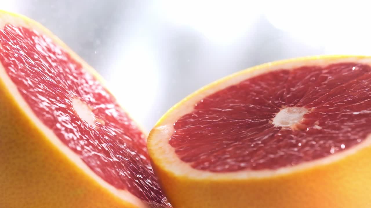 Water spraying particles falling on Sliced Grapefruit surface in Slow motion, Extreme close-up