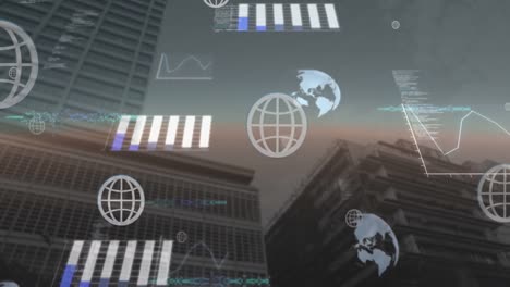 Animation-of-globes,-graphs-and-computer-language-against-low-angle-view-of-buildings-against-sky