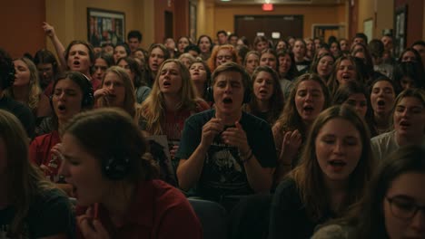 a dynamic choir rehearsal captured in two frames: enthusiastic participants engaged in harmonious singing, demonstrating passion and unity in their performance