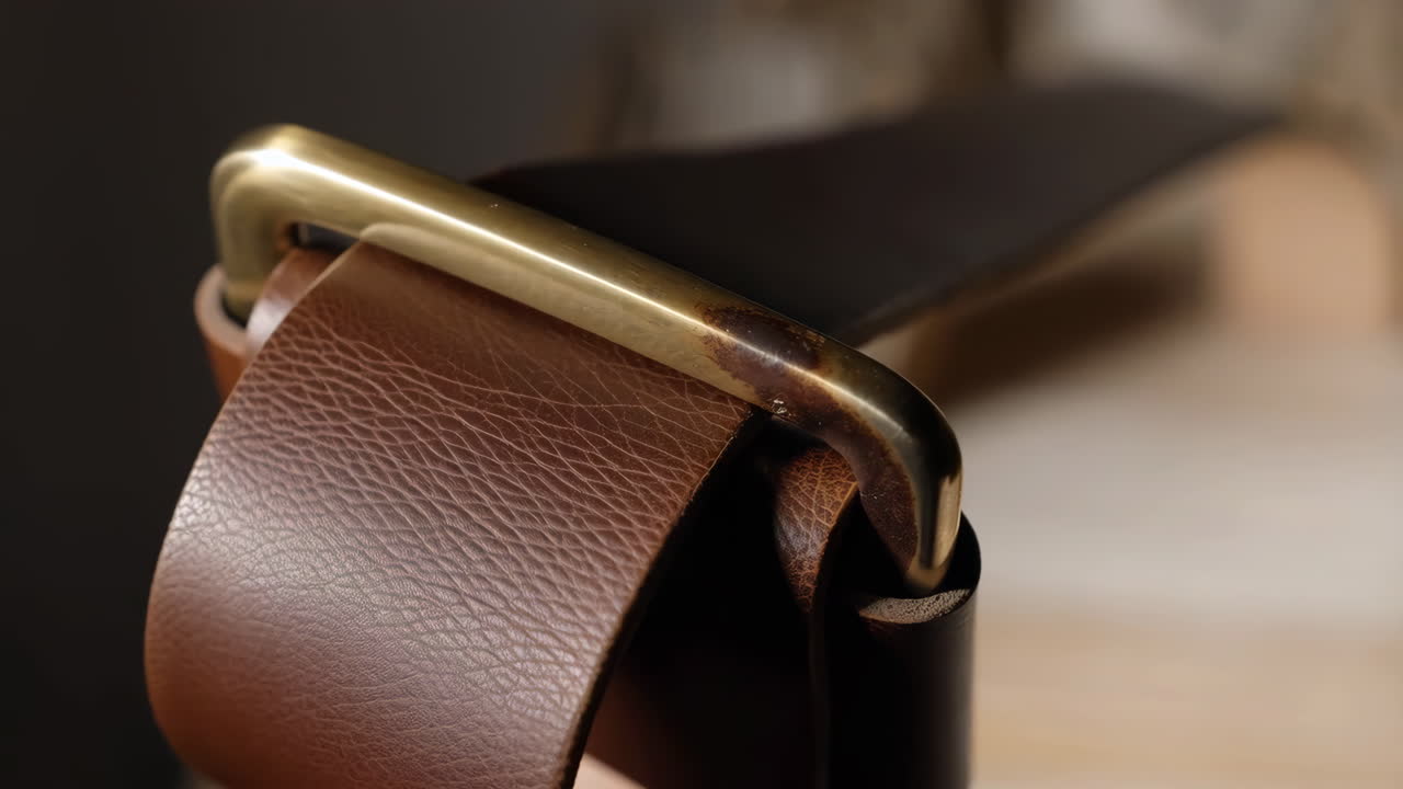 Close-up of a brown leather belt with a brass buckle