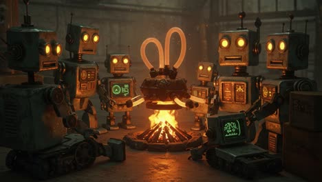 a circle of robots gathered around a cozy campfire, sharing stories and illuminating their surroundings with glowing lights and playful screens