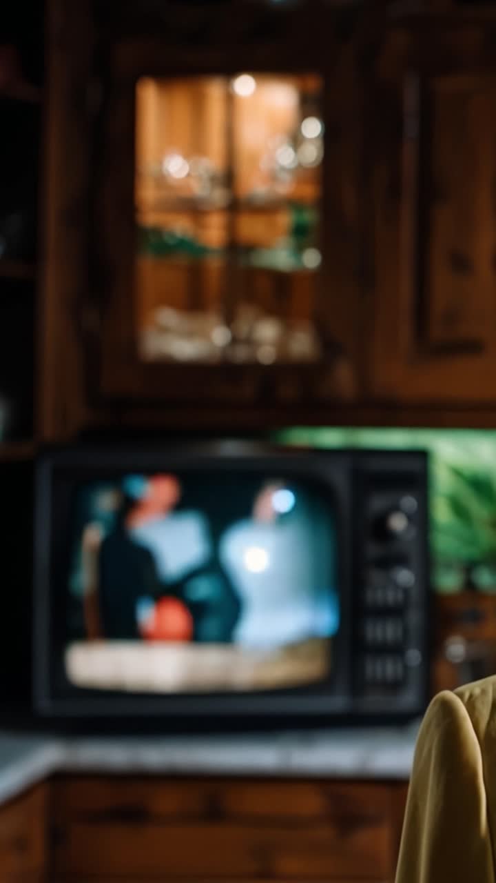 Vrouw kijkt naar oude tv in knusse keuken. Warm licht straalt van het vintage scherm. Haar grijze krullen omkaderen een zacht profiel. Bruine kasten bevatten glaswerk erachter. Ze kijkt rustig, verdiept in de scène.