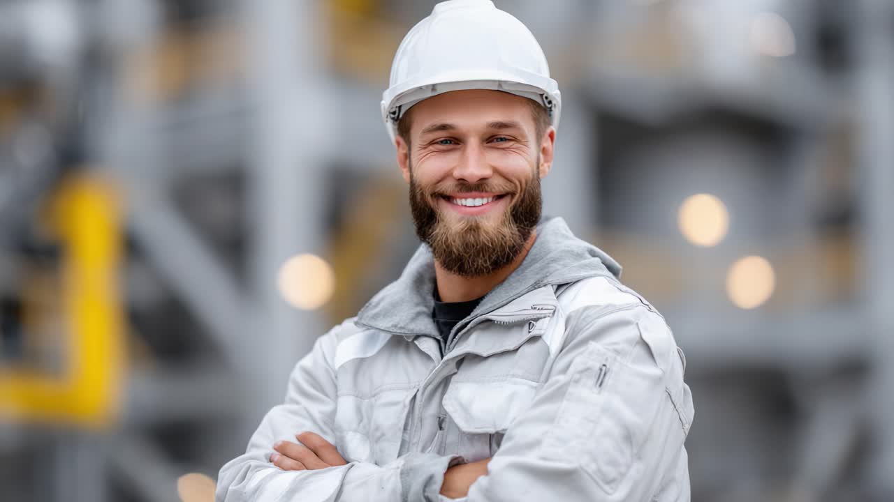 Confident Industrial Worker with Safety Gear Smiling in Front of Construction Equipment, Showcasing Professionalism and Commitment to Workplace Safety