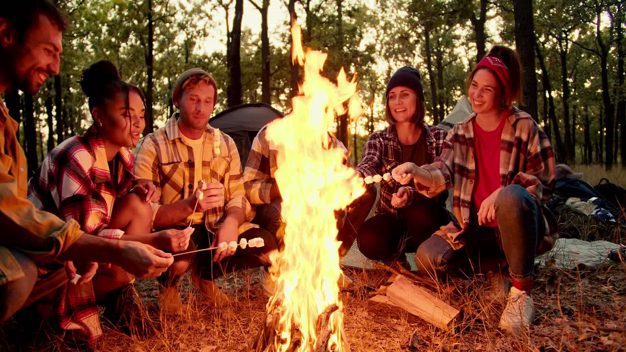 하이킹 옷을 입은 행복한 하이커들은 저녁에 숲에서 하이킹하는 동안 밝은 큰 불에 마쉬멜로를 습니다. 소년과 소녀들은 불 주위에 앉아 나무 막대기에 어 놓은 마쉬멜러를 니다.