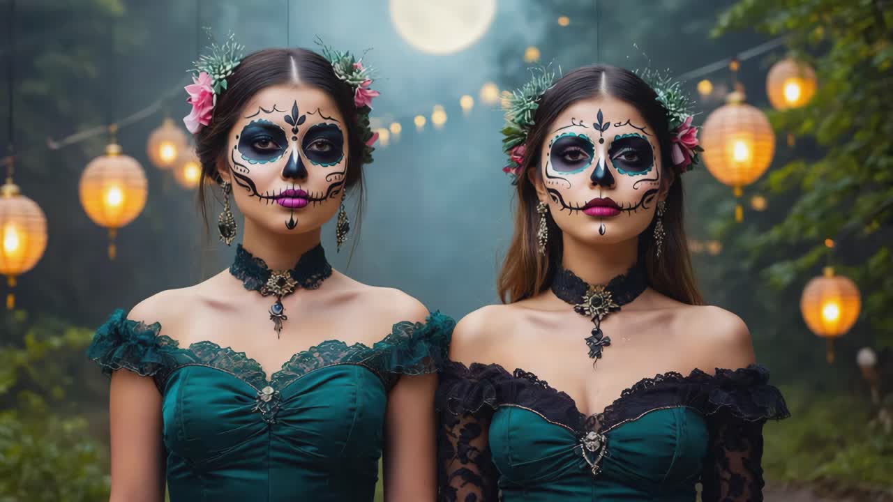 Two women with intricate sugar skull makeup for Day of the Dead