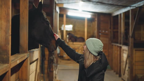 Woman-stretches-hand-to-stroke-horse-looking-out-of-hole