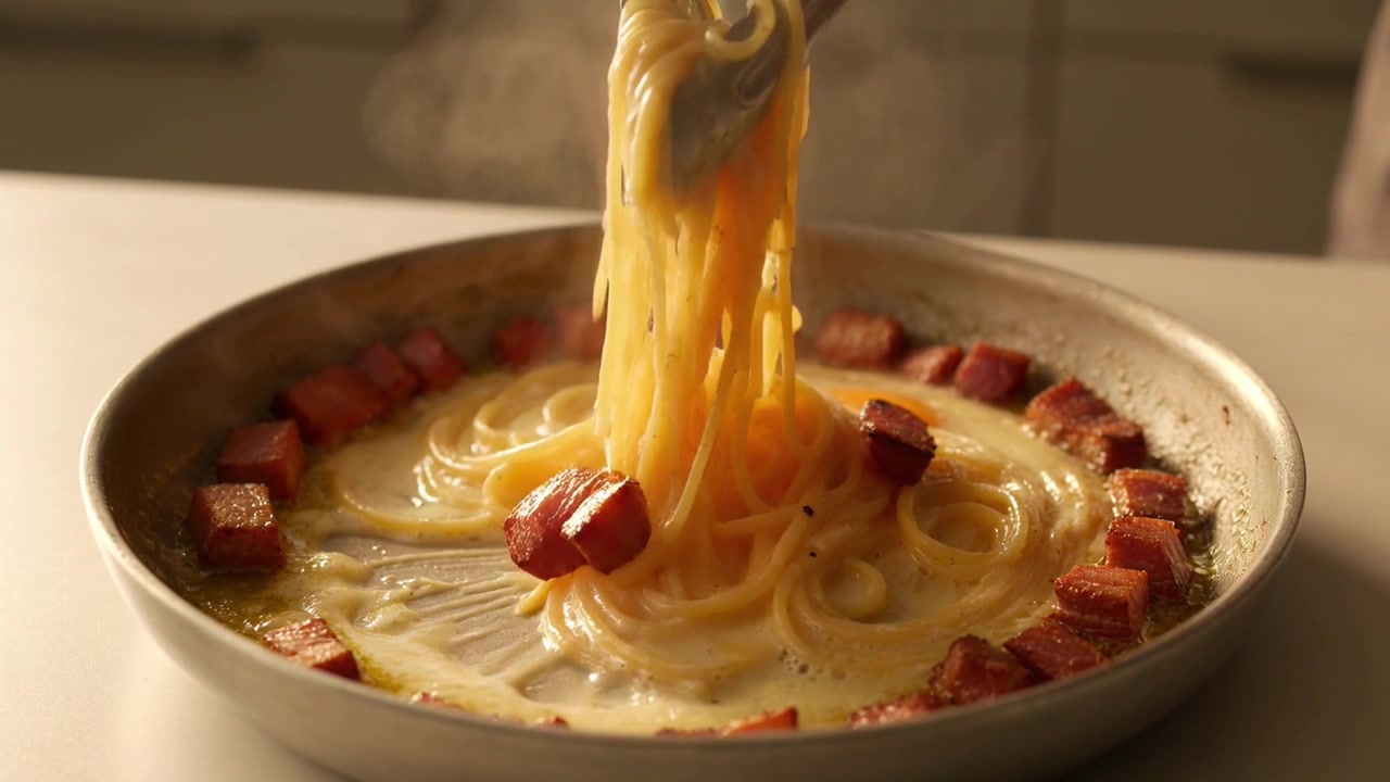 Chef che usa le pinze per saltare la pasta cremosa con pancetta croccante in una padella