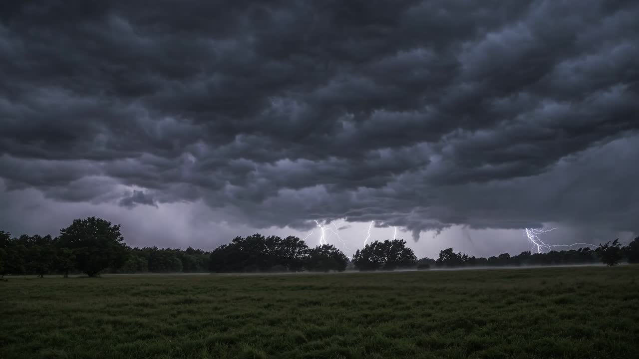 Dramatic storm clouds gather over a vast field, with flashes of lightning illuminating the dark sky, showcasing the intensity of an approaching thunderstorm