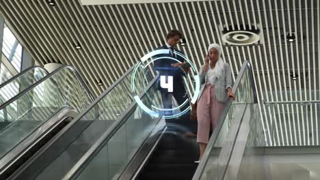 Animation-of-countdown-over-neon-round-scanner-against-diverse-man-and-woman-on-escalator