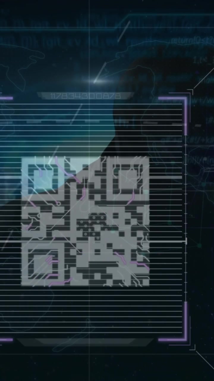 Animation of qr code with globes and data processing over caucasian hacker
