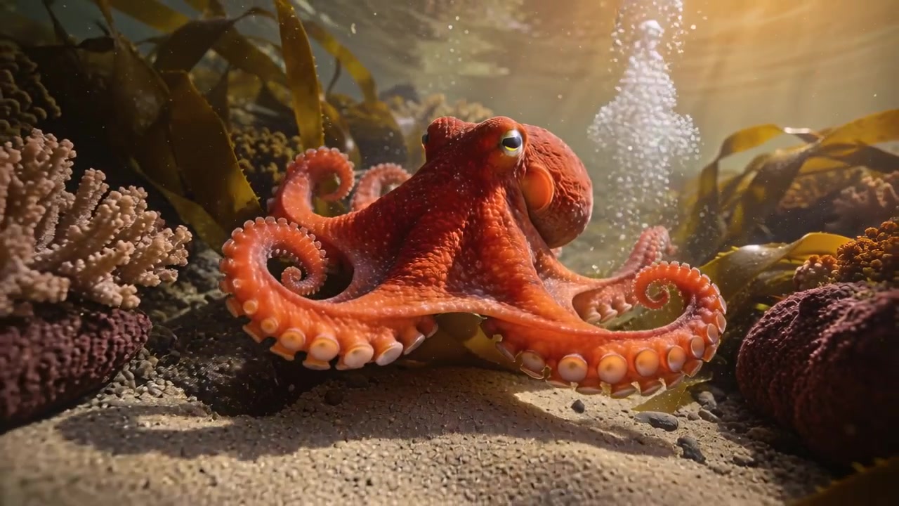 Reagendo alle bolle che salgono, un polpo rosso-arancio che estende le braccia e ruota il mantello su un fondale sabbioso di alghe