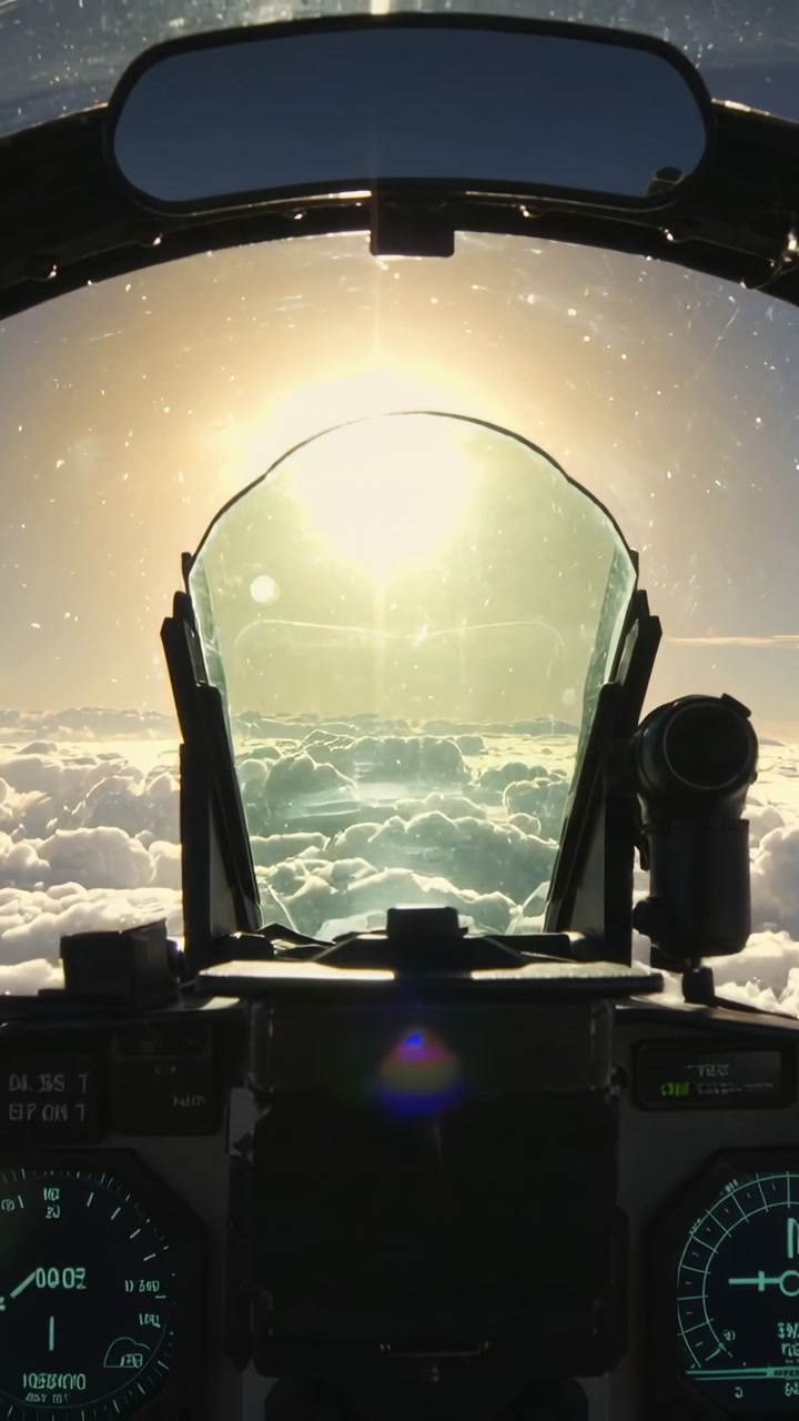 Vertical video: Watching cockpit HUD canopy showing glare as sun rising, clouds gauges sensor