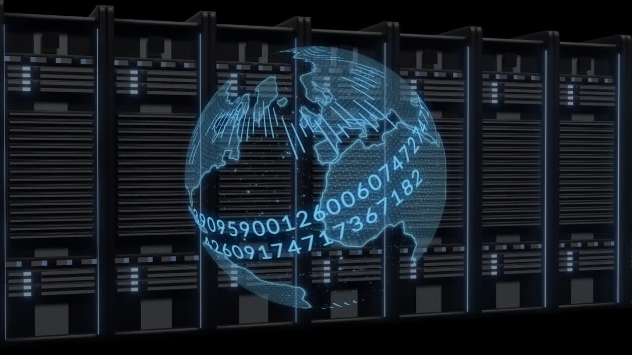 Animation of globe with binary coding and data processing on black background