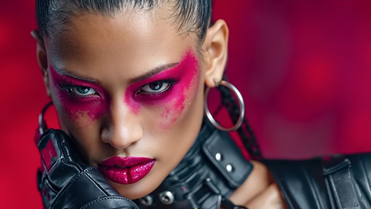 A woman with a red face paint and a black leather jacket
