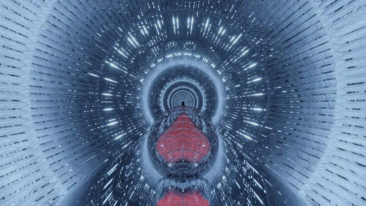 Motion graphics sci fi: travel inside futuristic long bright grey metallic keyhole tunnel with caged red reflective heart outlined with white streaks of light