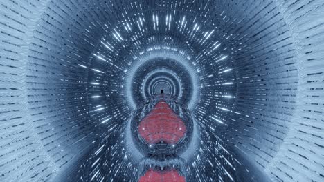 motion graphics sci fi: travel inside futuristic long bright grey metallic keyhole tunnel with caged red reflective heart outlined with white streaks of light