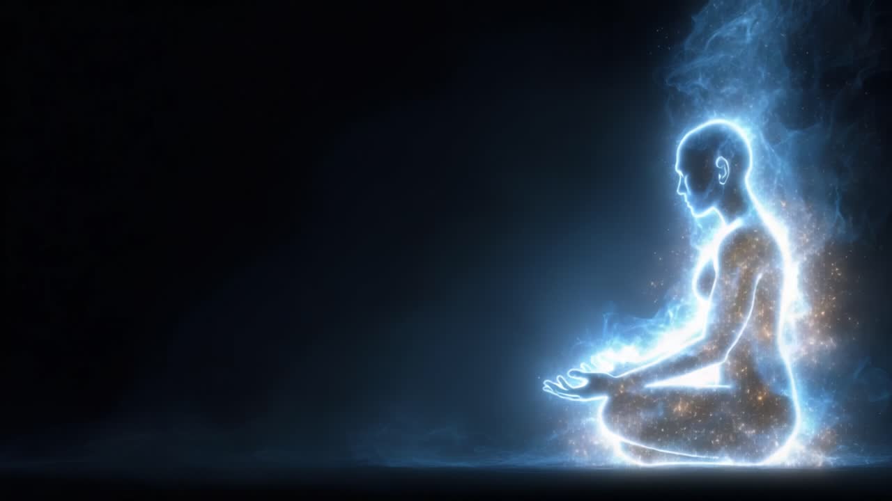 Una figura meditativa che emana luce ed energia, simboleggiando la pace interiore e la consapevolezza spirituale attraverso un'aura cosmica e un bagliore etereo.