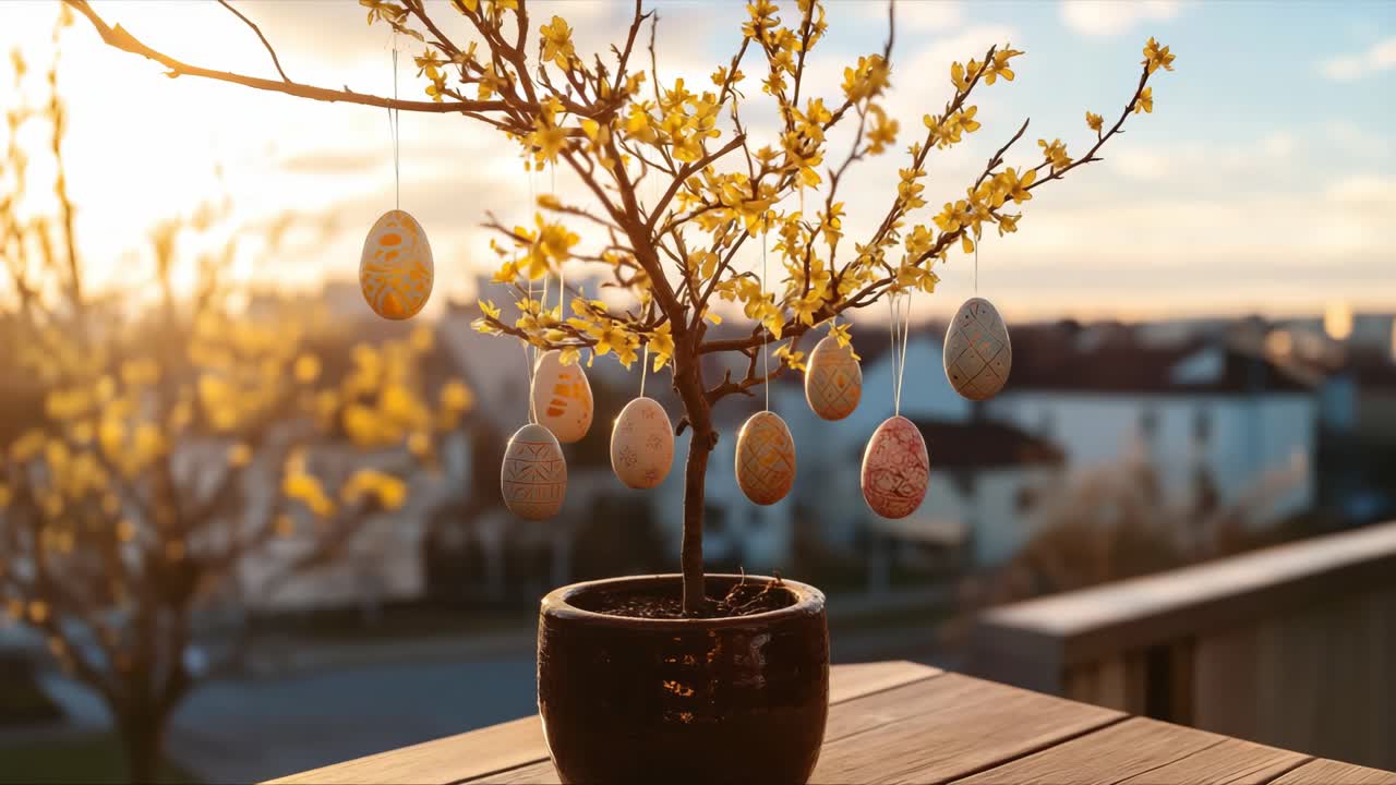 A charming tree with hanging eggs and bright yellow blossoms creates a picturesque outdoor scene at sunset, embodying the spirit of spring festivities and warmth