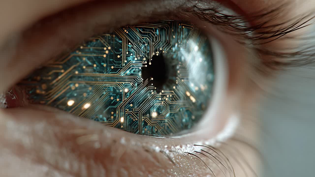 A Close-Up View of a Futuristic Eye Integrating Advanced Technology, Featuring Intricate Circuit Patterns and a Glimpse into a Digital World Beyond the Surface