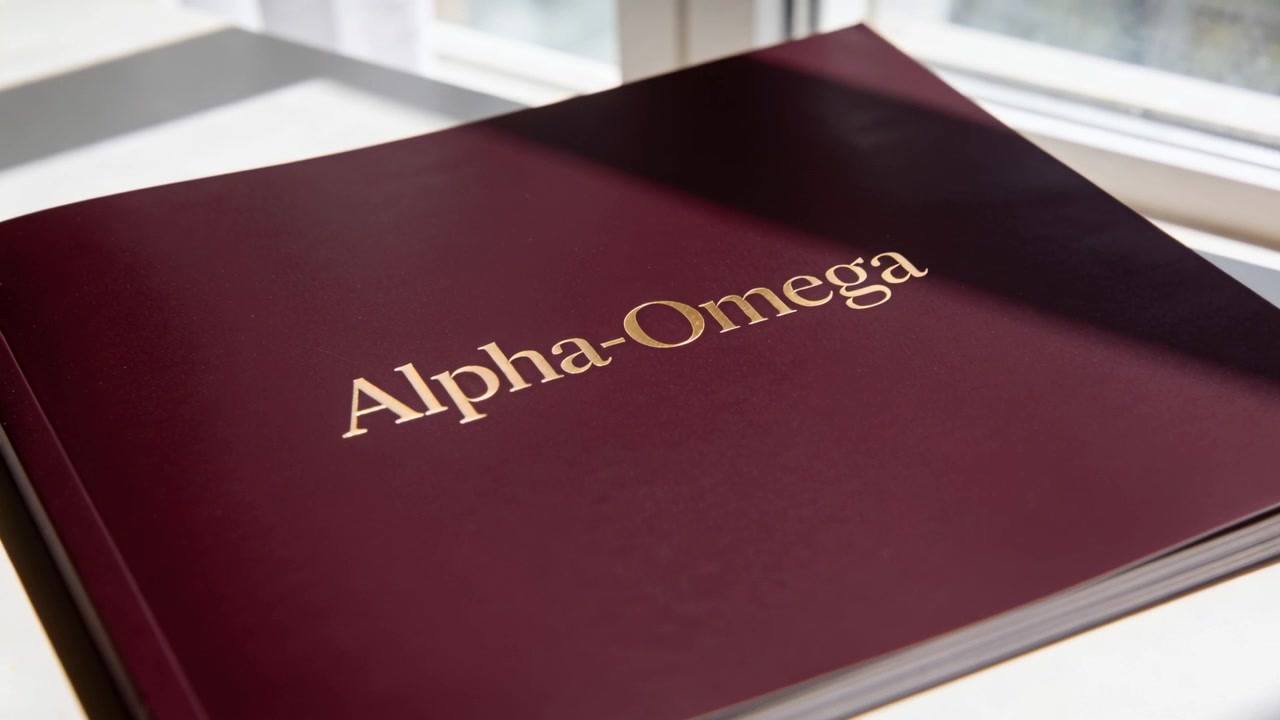 La luce si sposta, la telecamera si muove lentamente, un libro bordeaux rimane chiuso sul davanzale della finestra, rivelando Alpha-Omega.