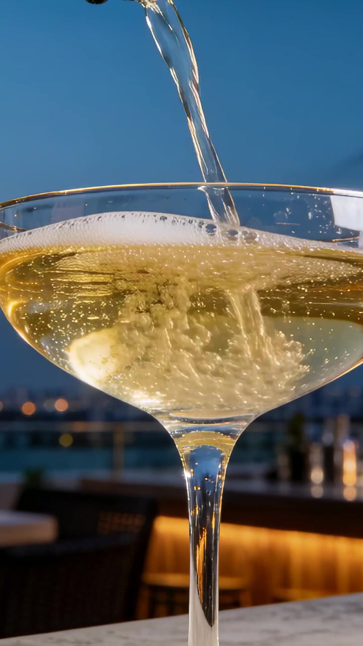 Video verticale: Collo di bottiglia che versa spumante in una coppa in un rooftop bar, formando schiuma.