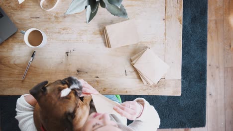 overhead shot looking down on woman with pet dog writing in generic thank you card