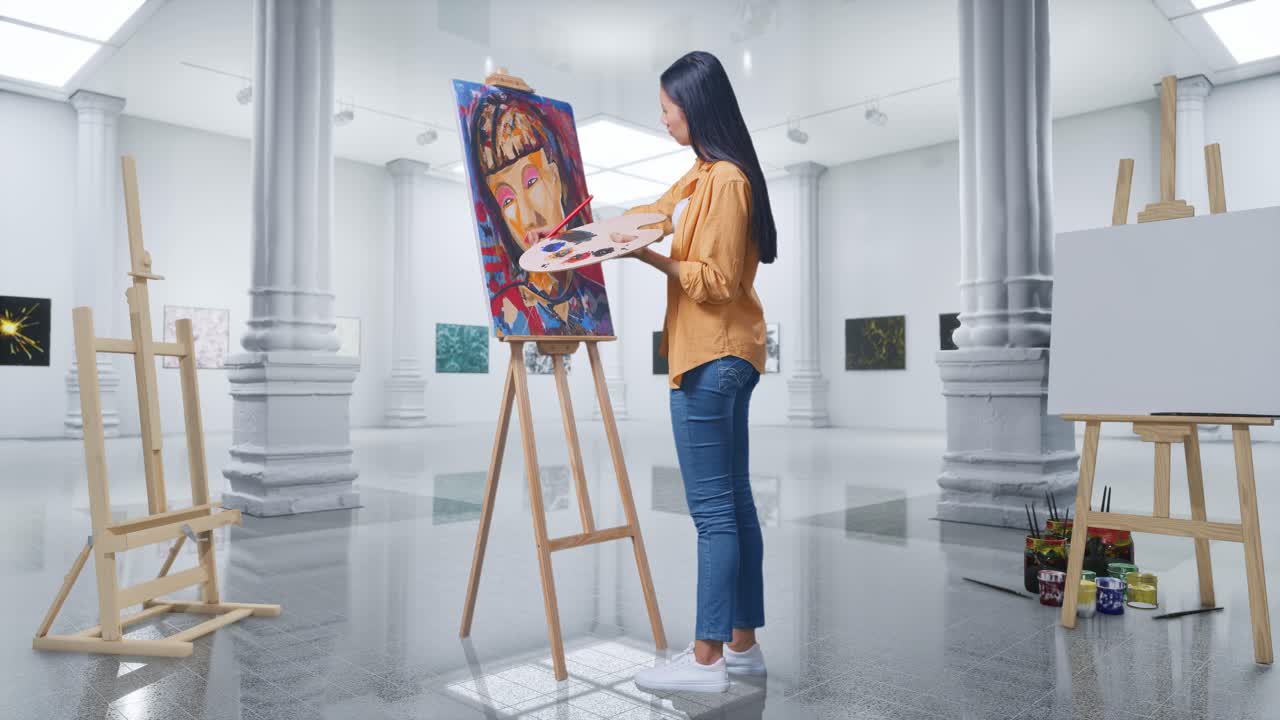 미술관 에서 여자 의 초상화 를 그리는 것