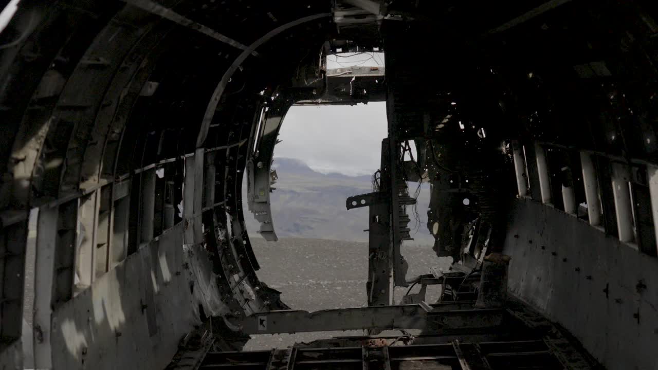 Hand-held shot of the interior of the crashed plane on S&oacute;lheimasandur beach