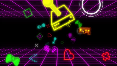 animación de la interfaz digital del videojuego de neón parpadeando sobre la cuadrícula púrpura